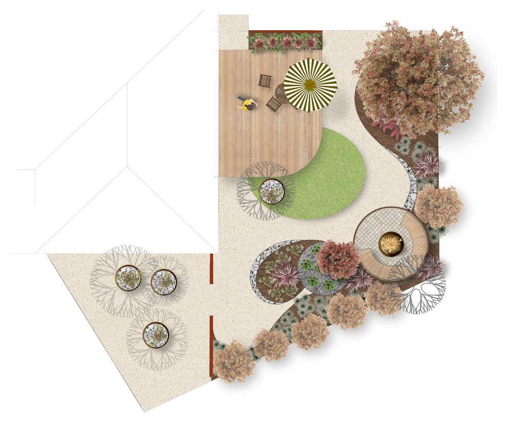 高級な広い、夏のコンテンポラリースタイルのおしゃれな裏庭 (ゼリスケープ、庭への小道、日向、デッキ材舗装) の写真