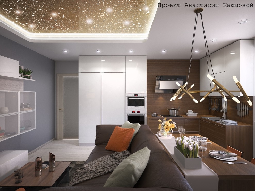 Внутри шкафа кухни холодильник и морозильная камера