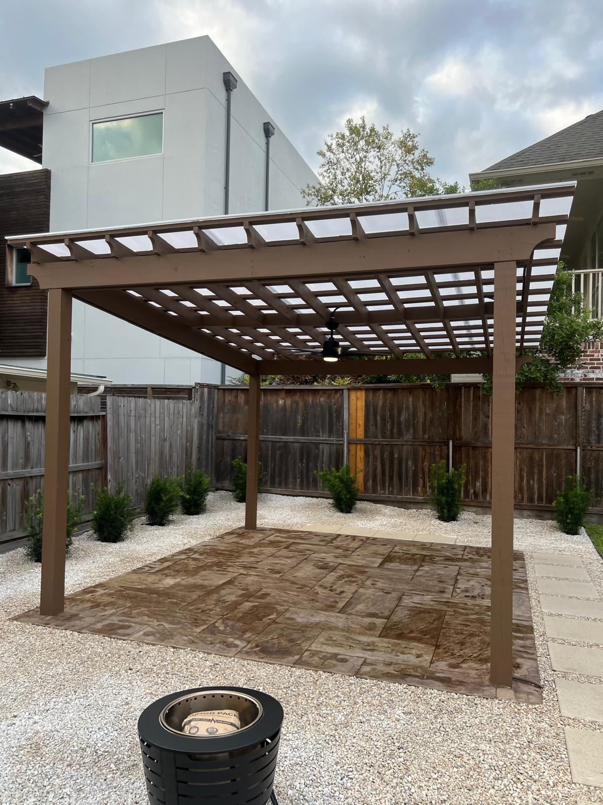 Beautiful stamped concrete patio with Pergola Cover on Haddon st!