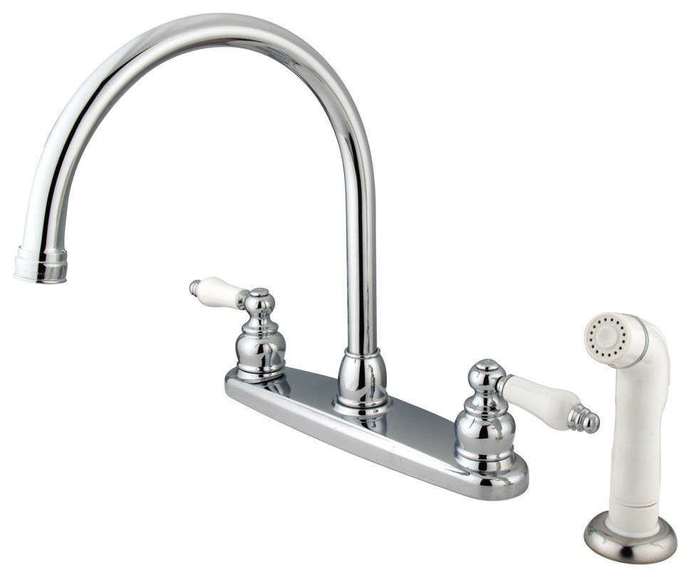 Vintage Double Handle Goose Neck Kitchen Faucet with White Sprayer