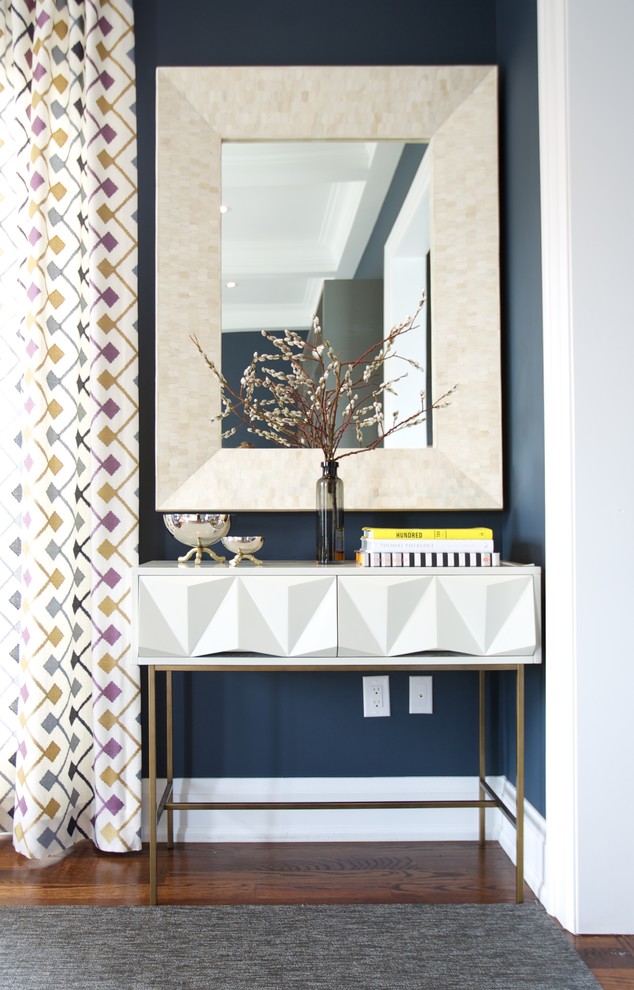 Inspiration for a contemporary entryway in Toronto with blue walls and medium hardwood floors.