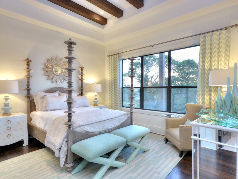 This is an example of a transitional bedroom in Austin with white walls and dark hardwood floors.