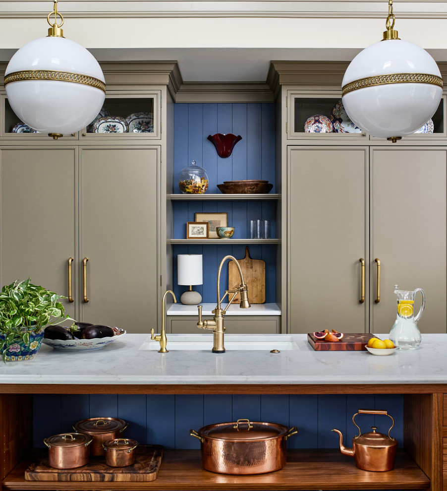 Example of a large transitional galley vaulted ceiling, light wood floor and brown floor open concept kitchen design in Baltimore with a drop-in sink, green cabinets, blue backsplash, wood backsplash, colored appliances, white countertops, two islands and quartzite countertops