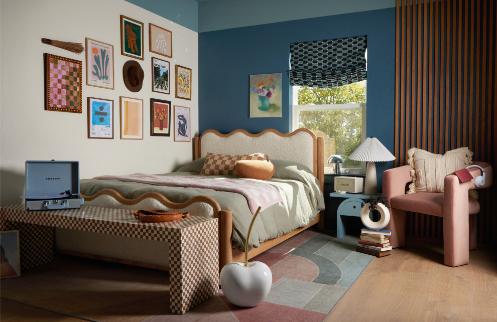 Barrel & Beam - Inspiration for a bedroom transitional girl medium tone wood floor and brown floor kids' bedroom remodel in Dallas with blue walls