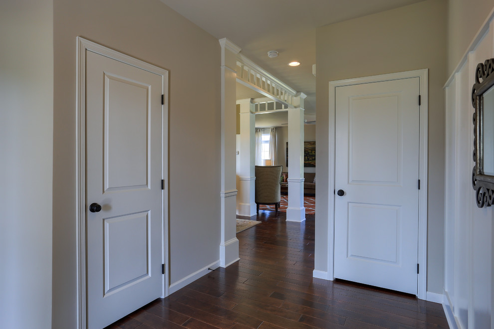 This is an example of a mid-sized transitional foyer in Other with beige walls, dark hardwood floors, a single front door and brown floor.