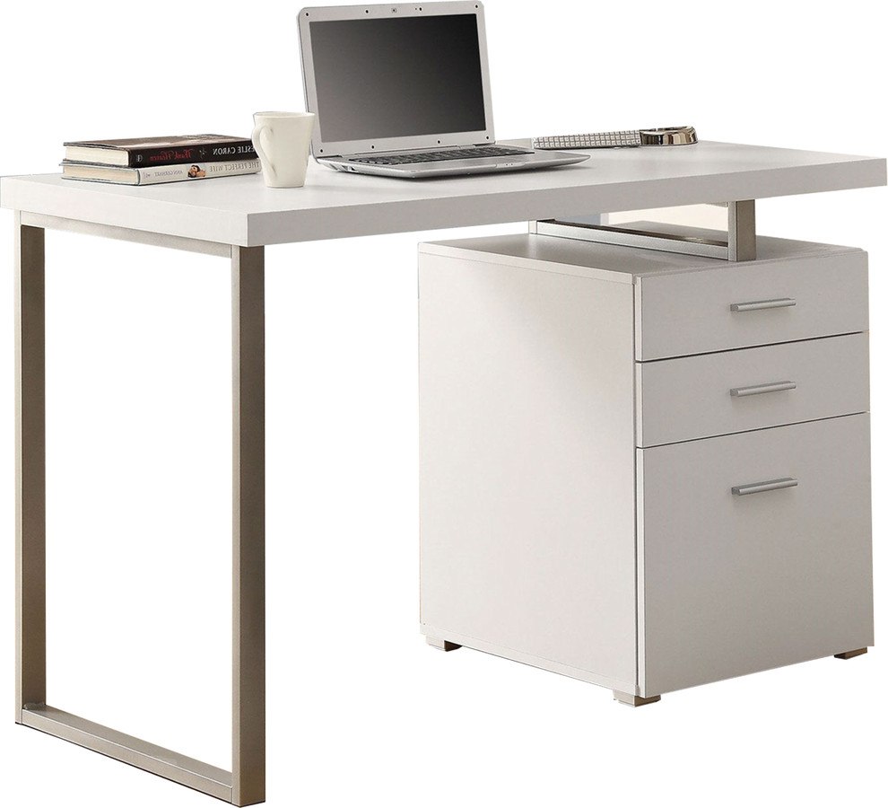 Modern Office Desk White Finish With File Drawers Transitional