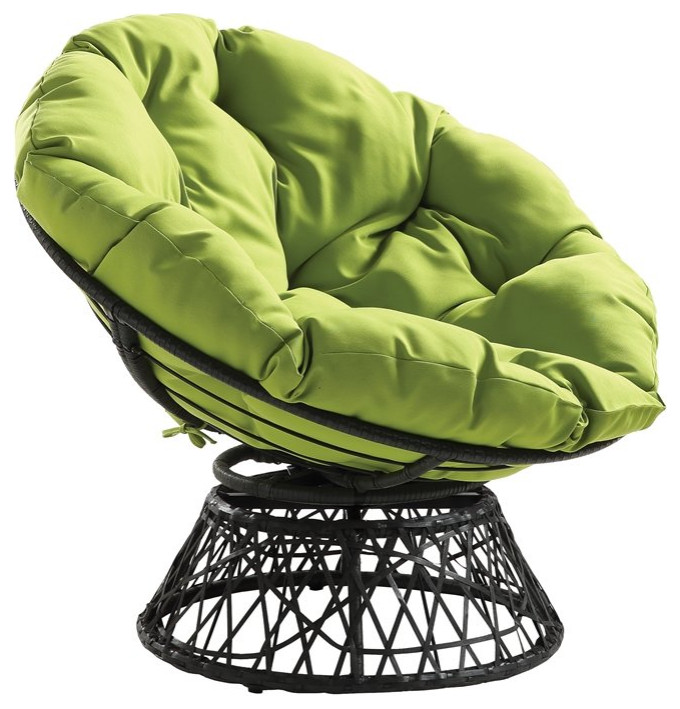 Papasan Chair with Green Fabric cushion and Black Resin Wicker Frame