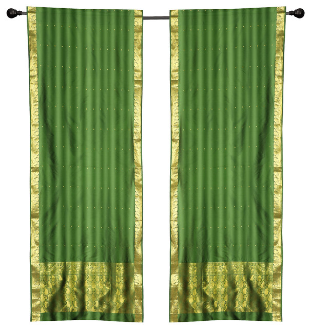 2 Boho Green Indian Sari Curtains Rod Pocket Window Panels Drapes