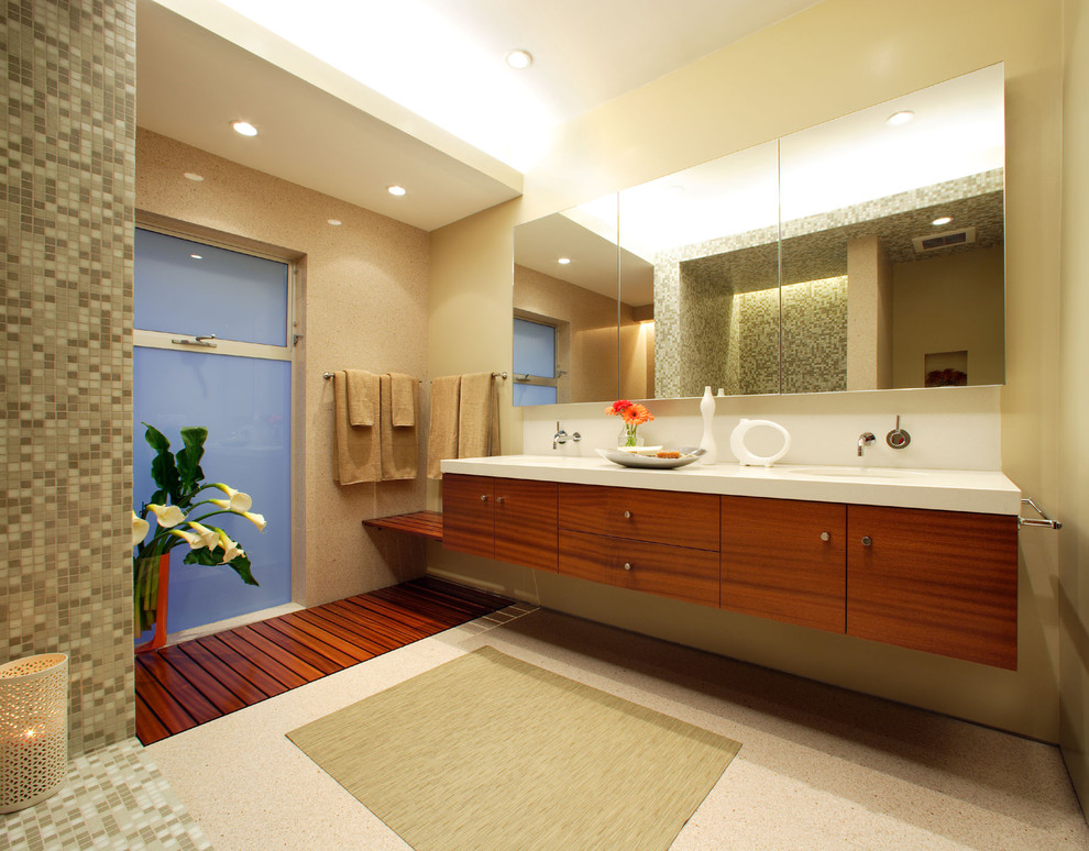 Photo of a mid-sized contemporary master bathroom in Los Angeles with mosaic tile, flat-panel cabinets, medium wood cabinets, an alcove tub, an alcove shower, white tile, an undermount sink, engineered quartz benchtops and an open shower.