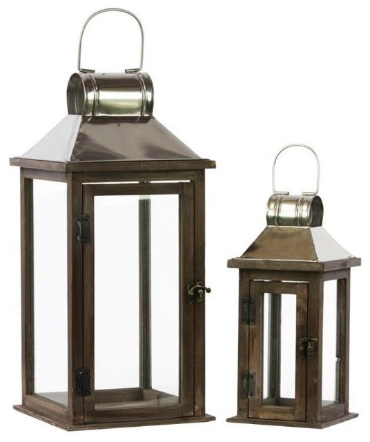Square Wood And Metal Lanterns 2 Piece Set Traditional Candleholders By Virventures
