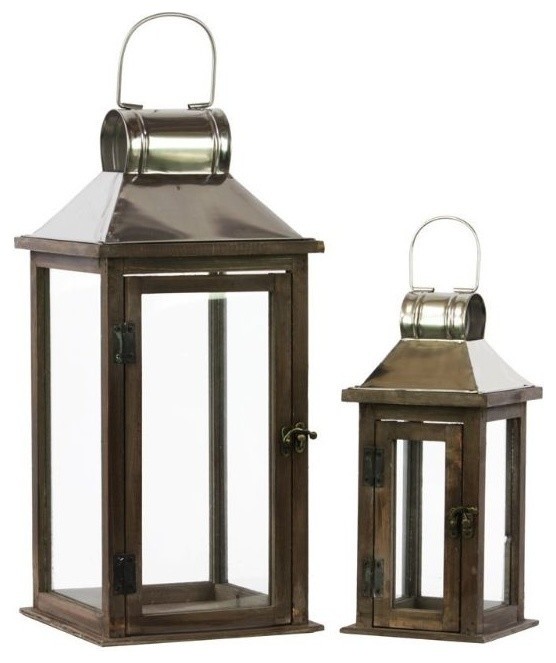 Square Wood And Metal Lanterns 2 Piece Set Traditional Candleholders By Virventures