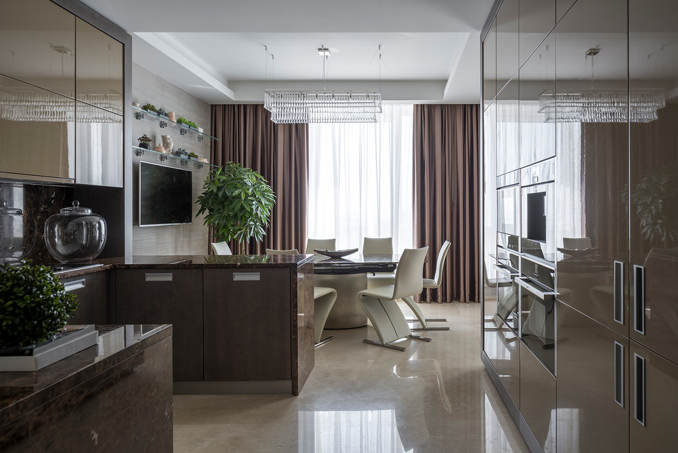 This is an example of a mid-sized contemporary galley eat-in kitchen in Moscow with an undermount sink, flat-panel cabinets, brown cabinets, marble benchtops, brown splashback, marble splashback, marble floors, a peninsula and beige floor.