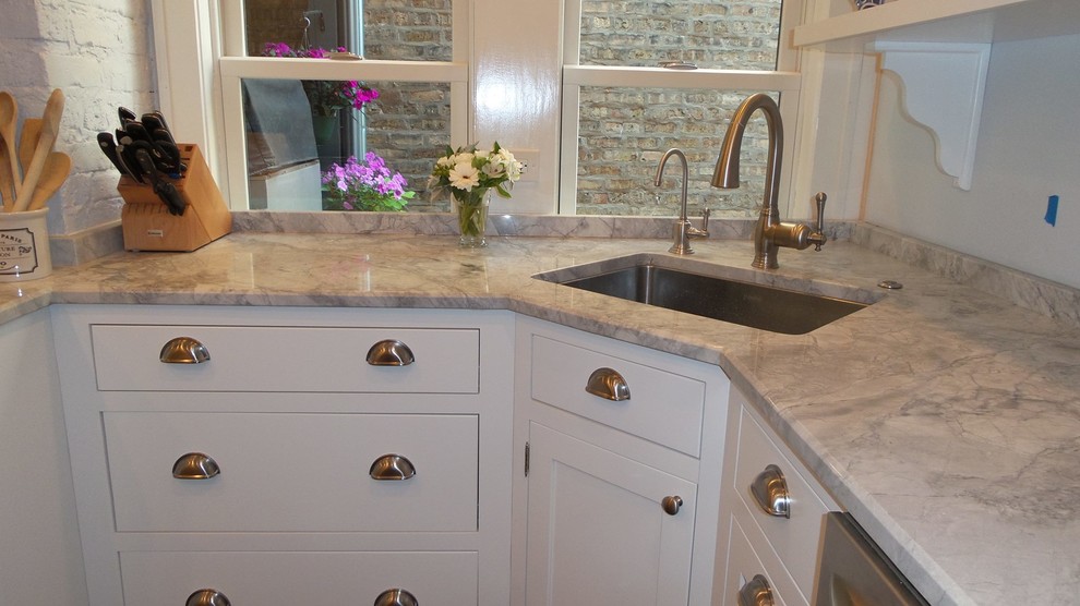 Enclosed kitchen - mid-sized transitional l-shaped dark wood floor and brown floor enclosed kitchen idea in Chicago with a single-bowl sink, beaded inset cabinets, white cabinets, quartzite countertops, stainless steel appliances and no island