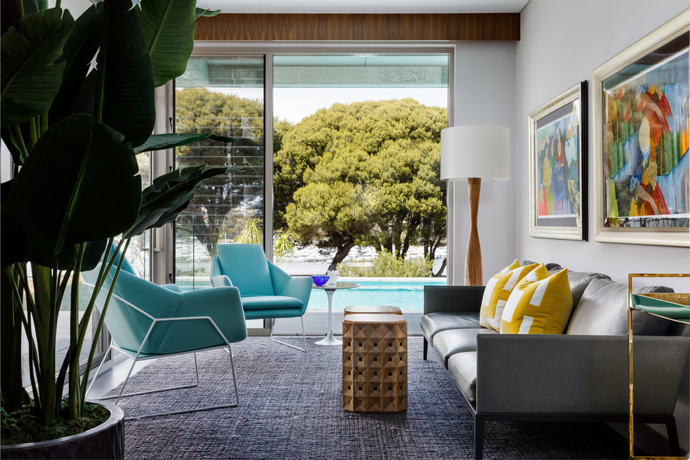 Midcentury formal enclosed living room in Perth with grey walls.