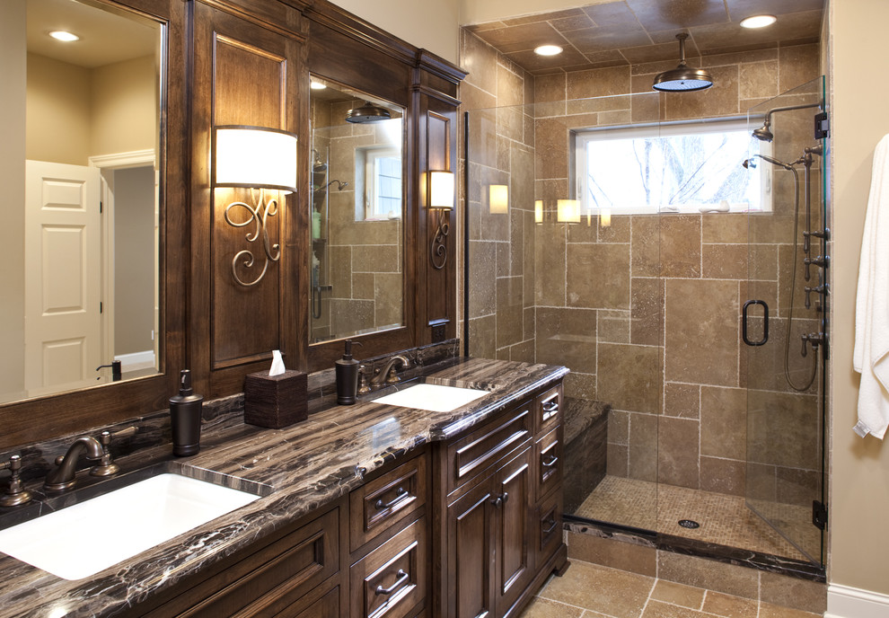 Photo of a traditional bathroom in Minneapolis with marble benchtops.