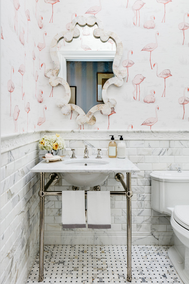 Photo of a traditional bathroom in San Francisco with white tile, marble, multi-coloured walls, a console sink, multi-coloured floor and white benchtops.