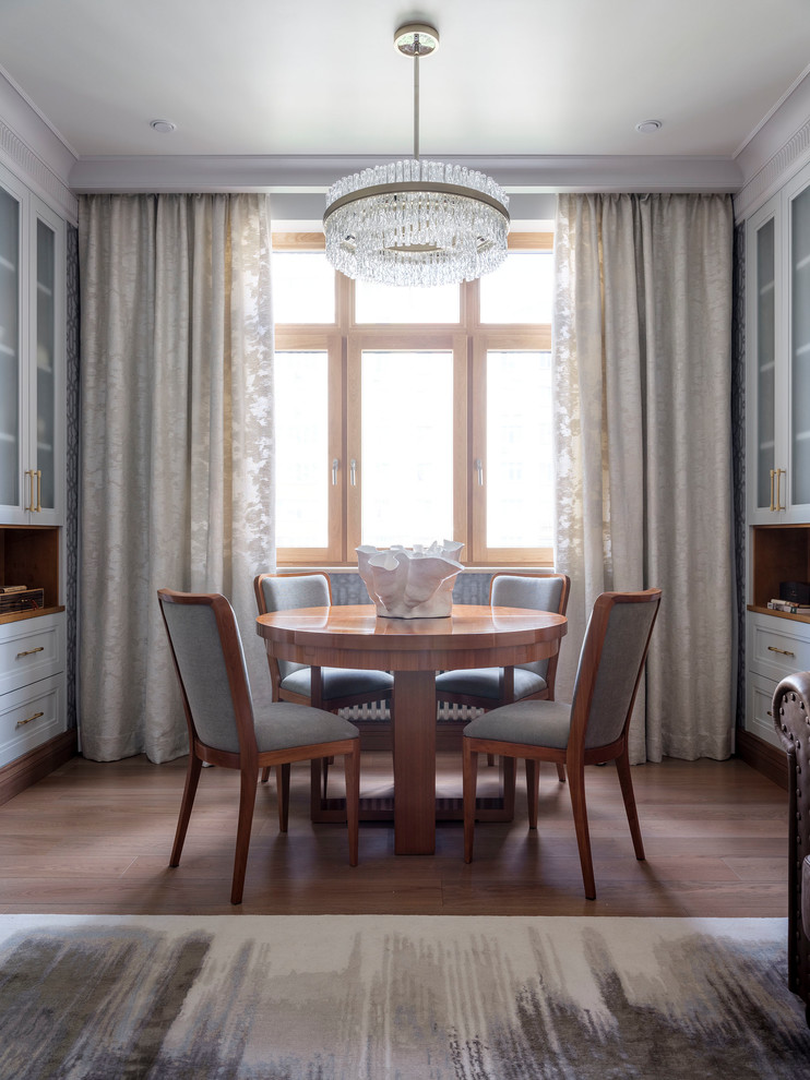Inspiration for a mid-sized transitional open plan dining in Moscow with medium hardwood floors and no fireplace.