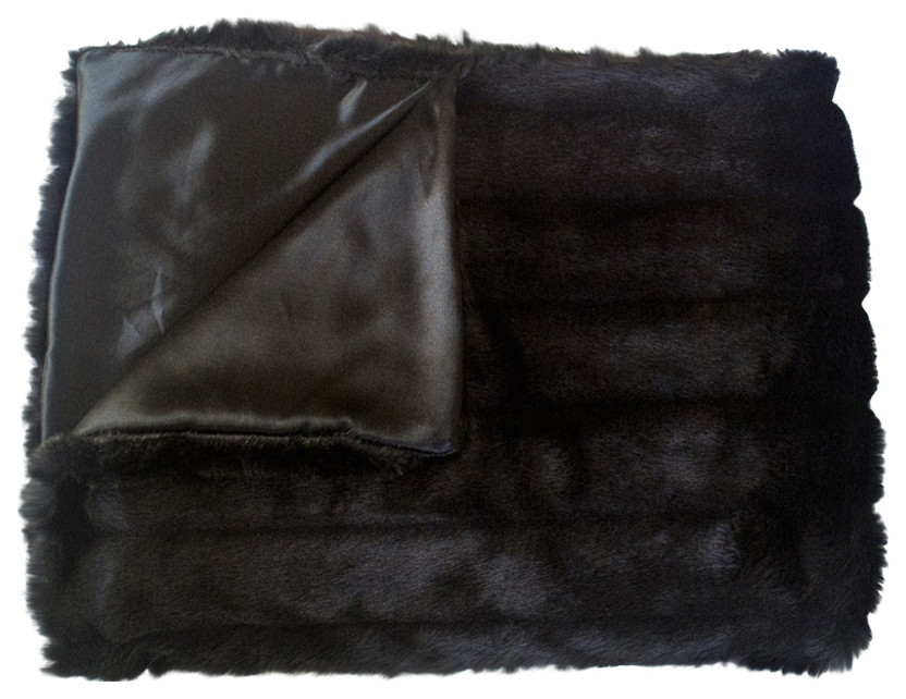 Mink Faux Fur Animal Skin Throw Blanket, Black, 5"x6" Contemporary