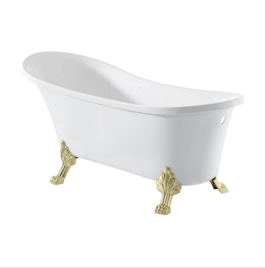 Caché Single Slipper, Clawfoot Soaking Acrylic Bathtub, With Brushed Gold Clawfoot. Finishes: White/Chrome, White/Matte Black, White/Matte White. (SM-FB585CBG)