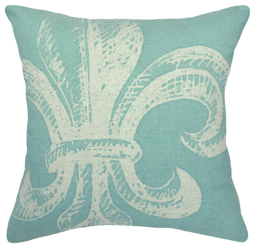 Fleur De Lis Printed Linen Pillow With Feather-Down Insert, Aqua