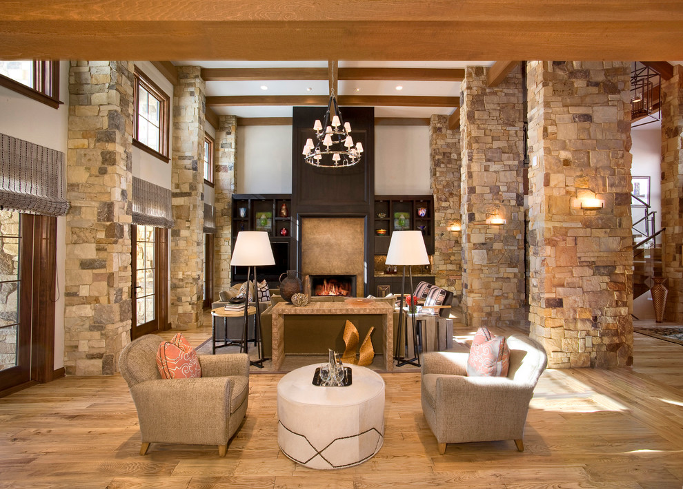 Inspiration for a mid-sized country formal open concept living room in Denver with a standard fireplace, white walls, a tile fireplace surround and a built-in media wall.
