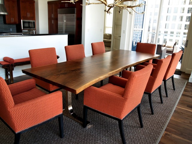 DeVos Woodworking Custom Walnut Slab Table with Handmade Mirror Polished Bronze craftsman-salle-a-manger