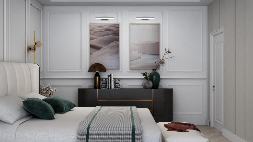 Diseño de dormitorio principal, blanco y gris y blanco retro de tamaño medio sin chimenea con paredes blancas, suelo de madera clara, suelo beige, bandeja y panelado