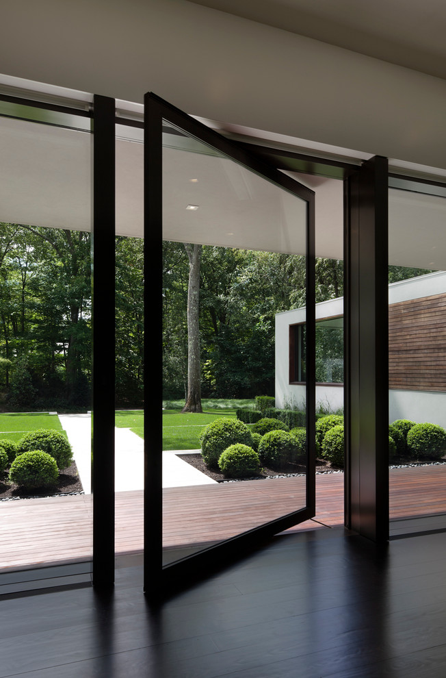 Large modern entryway in New York with white walls, dark hardwood floors and a glass front door.