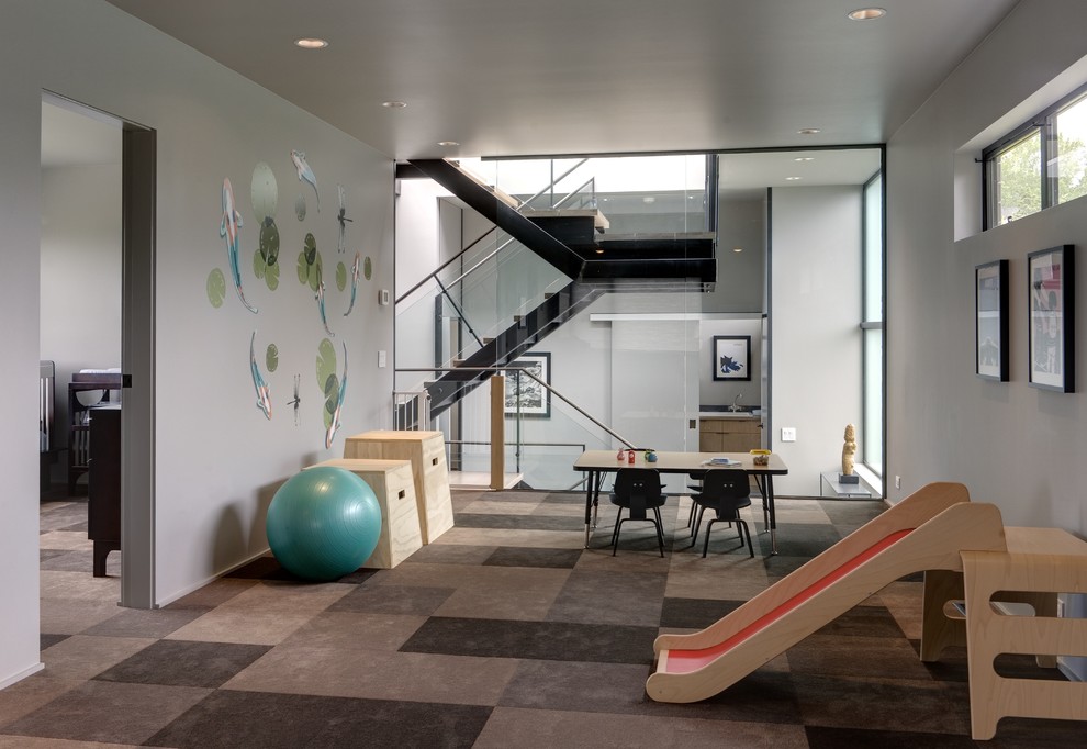 This is an example of a large contemporary multipurpose gym in Seattle with grey walls and carpet.