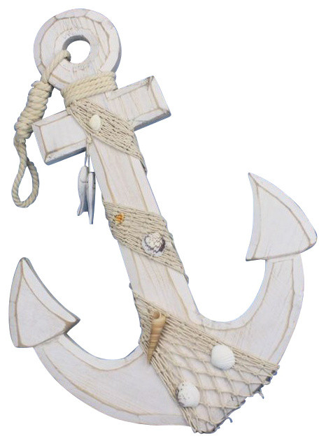 Wooden Rustic Decorative Anchor With Hook Rope and Shells, Whitewashed, 18"