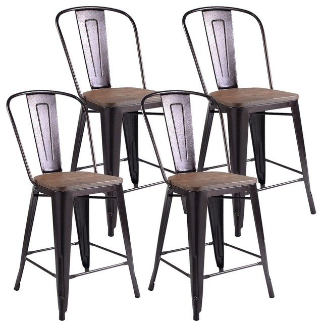 Modern Set of 4 Rustic Metal Wood Bar Chairs Industrial Bar Stools