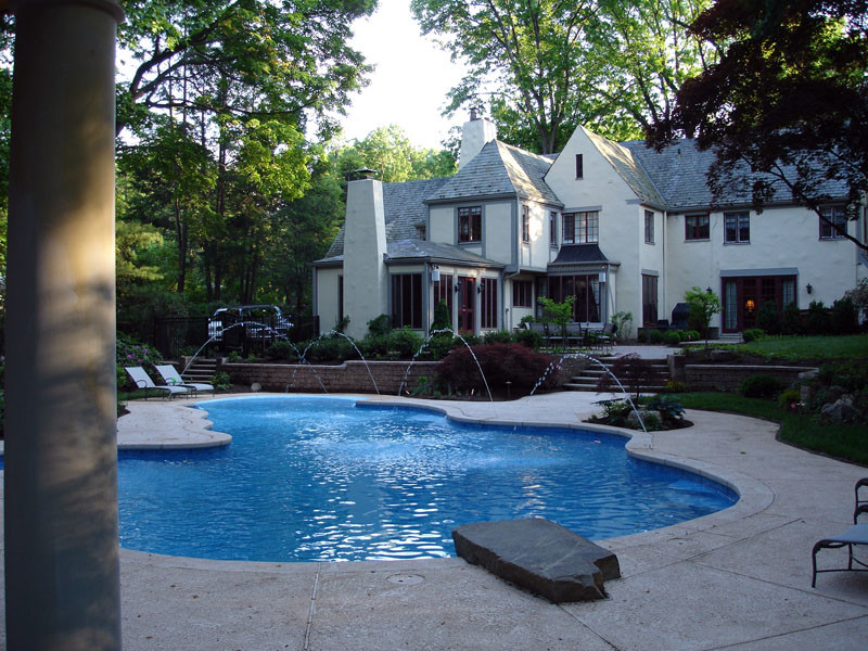 Large modern backyard custom-shaped natural pool in New York.