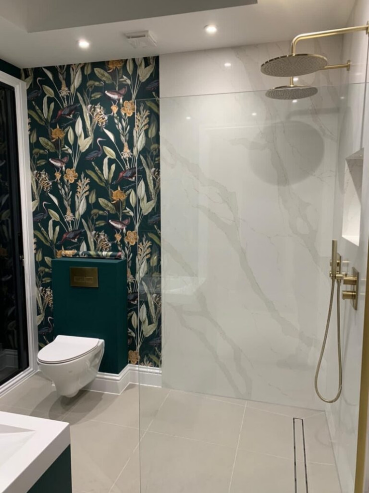 This is an example of a medium sized contemporary grey and white family bathroom in London with open cabinets, green cabinets, a built-in bath, a built-in shower, a one-piece toilet, multi-coloured tiles, ceramic tiles, multi-coloured walls, ceramic flooring, a built-in sink, stainless steel worktops, white floors, a hinged door, brown worktops, feature lighting, double sinks, a built in vanity unit, a wood ceiling and wainscoting.