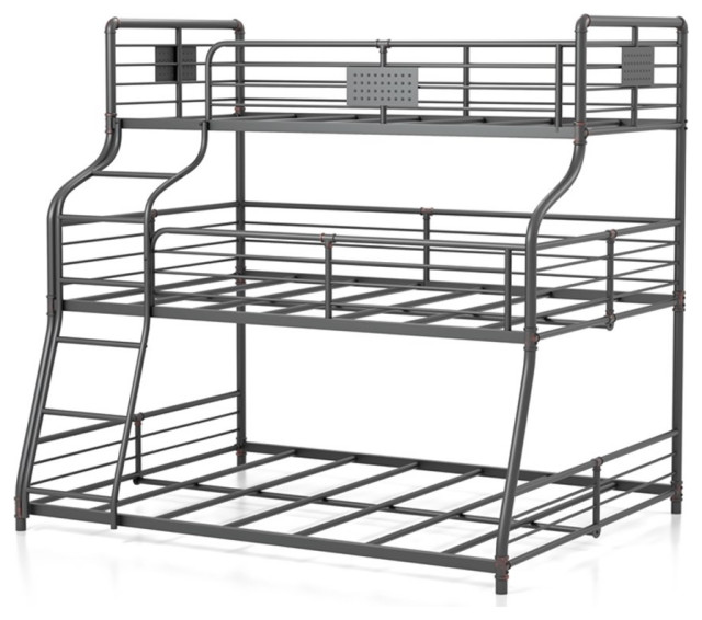 Pemberly Row Modern Metal Twin/Full/Queen Triple Bunk Bed in Black Transitional Bunk Beds