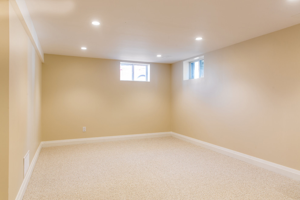 Inspiration for a mid-sized contemporary fully buried basement in Ottawa with beige walls, carpet and no fireplace.