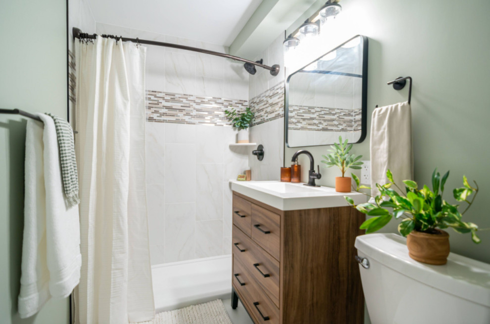 Photo of a small traditional 3/4 bathroom in Minneapolis with flat-panel cabinets, medium wood cabinets, an alcove shower, a wall-mount toilet, beige tile, ceramic tile, blue walls, cement tiles, an undermount sink, zinc benchtops, white floor, a shower curtain, white benchtops, a single vanity and a freestanding vanity.