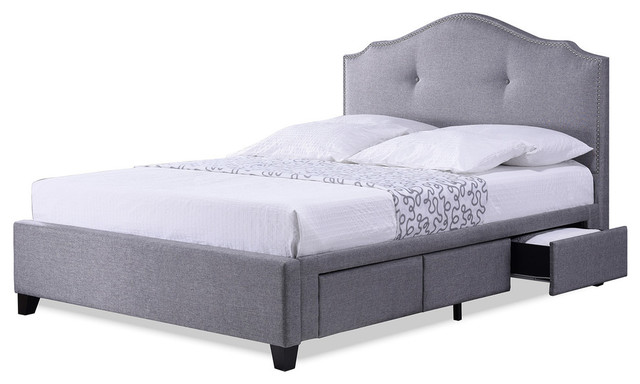 Armeena Gray Linen Modern Storage Bed, King Size Platform Bed With Headboard And Storage