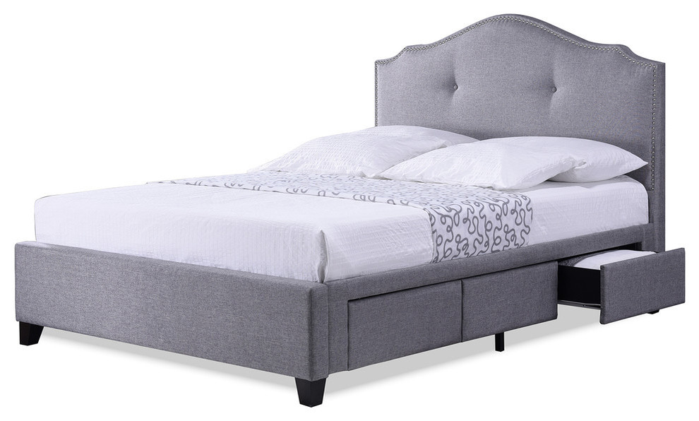 Armeena Gray Linen Modern Storage Bed, Annette Designer Queen Bed With Upholstered Headboard In Grey