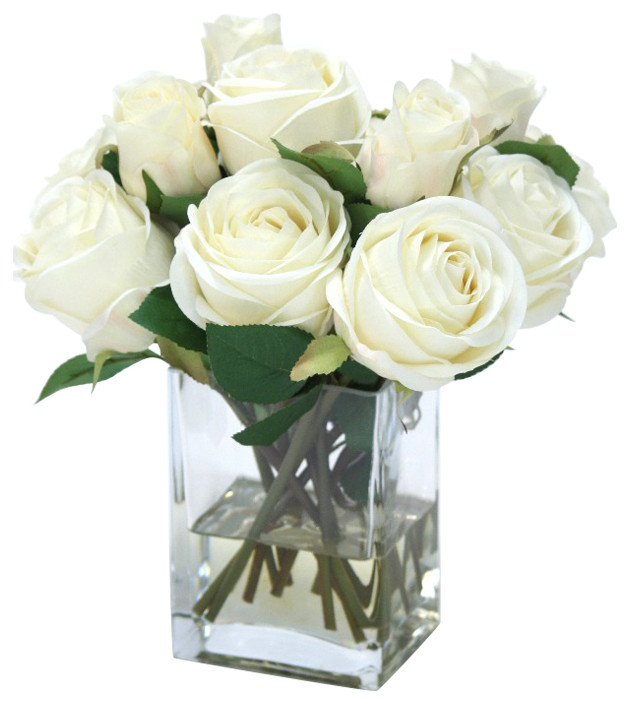 Waterlook® Cream White Roses in Tall Glass Square - Traditional ...