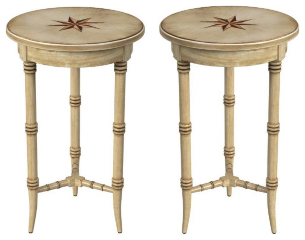Home Square Rubberwood Accent Table in Antique Beige Set of 2 Transitional Side Tables And
