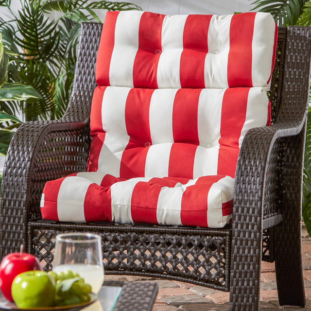 Wicker Woven Patio Chair with Red and White Stripe Cushion - Tropical