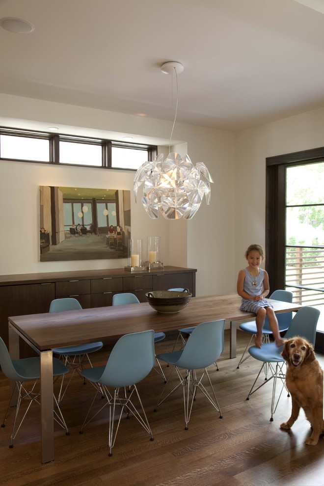 Inspiration for a contemporary dining room in Minneapolis with beige walls and dark hardwood floors.