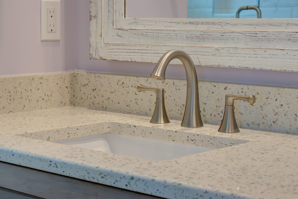 Example of a small transitional kids' home design design with furniture-like cabinets, gray cabinets, recycled glass countertops and white countertops