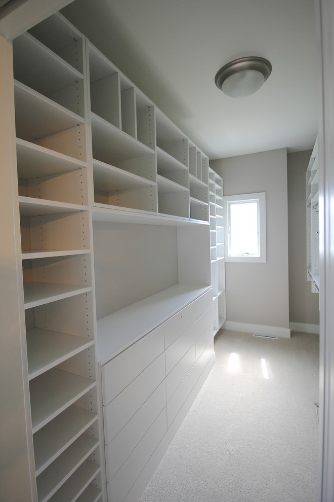 Inspiration for a mid-sized gender-neutral walk-in wardrobe in Other with white cabinets and carpet.