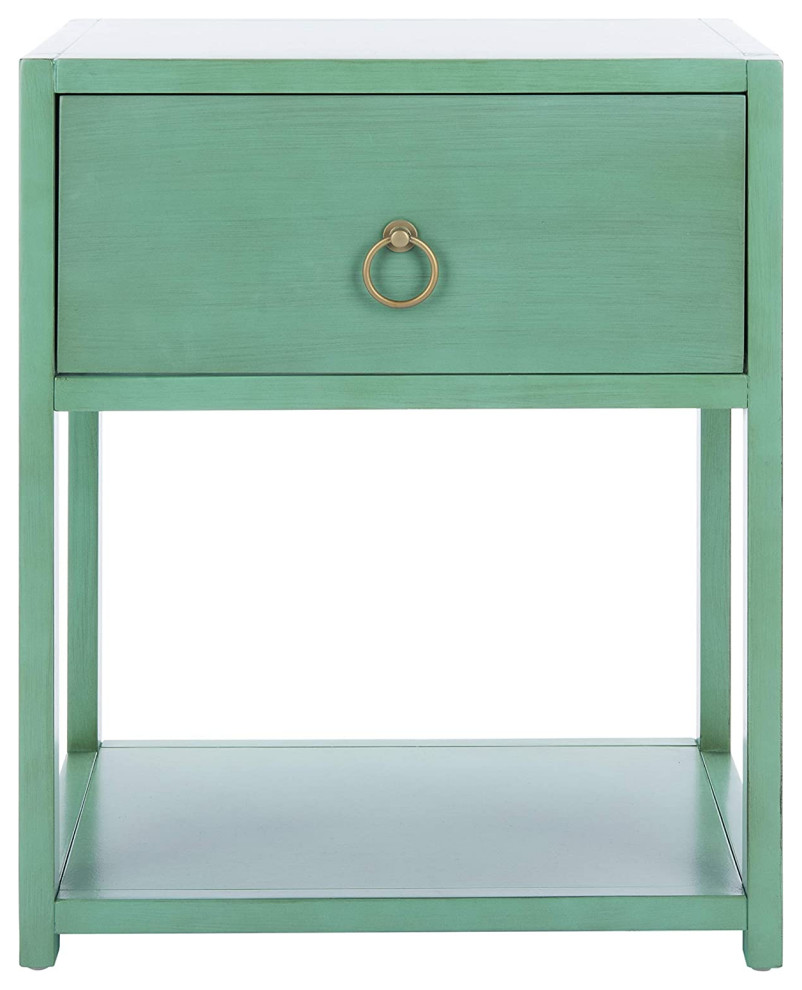 Contemporary Nightstand, Bottom Shelf & Drawer With Ring Golden Pull
