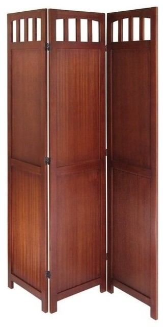 Pemberly Row Transitional Solid Wood Folding Screen in Antique Walnut