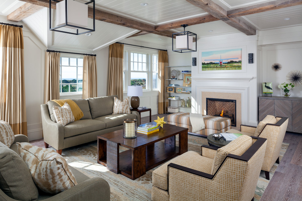 Inspiration for a large beach style formal enclosed living room in Boston with a standard fireplace, white walls, light hardwood floors and a stone fireplace surround.