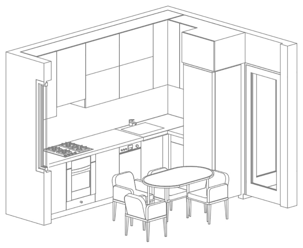 Маленькая кухня с ярким фартуком.