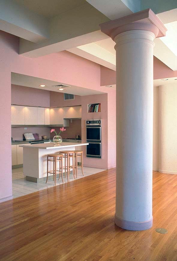 Mid-sized modern u-shaped kitchen pantry in New York with a drop-in sink, flat-panel cabinets, white cabinets, tile benchtops, pink splashback, glass tile splashback, stainless steel appliances, ceramic floors, with island and white floor.