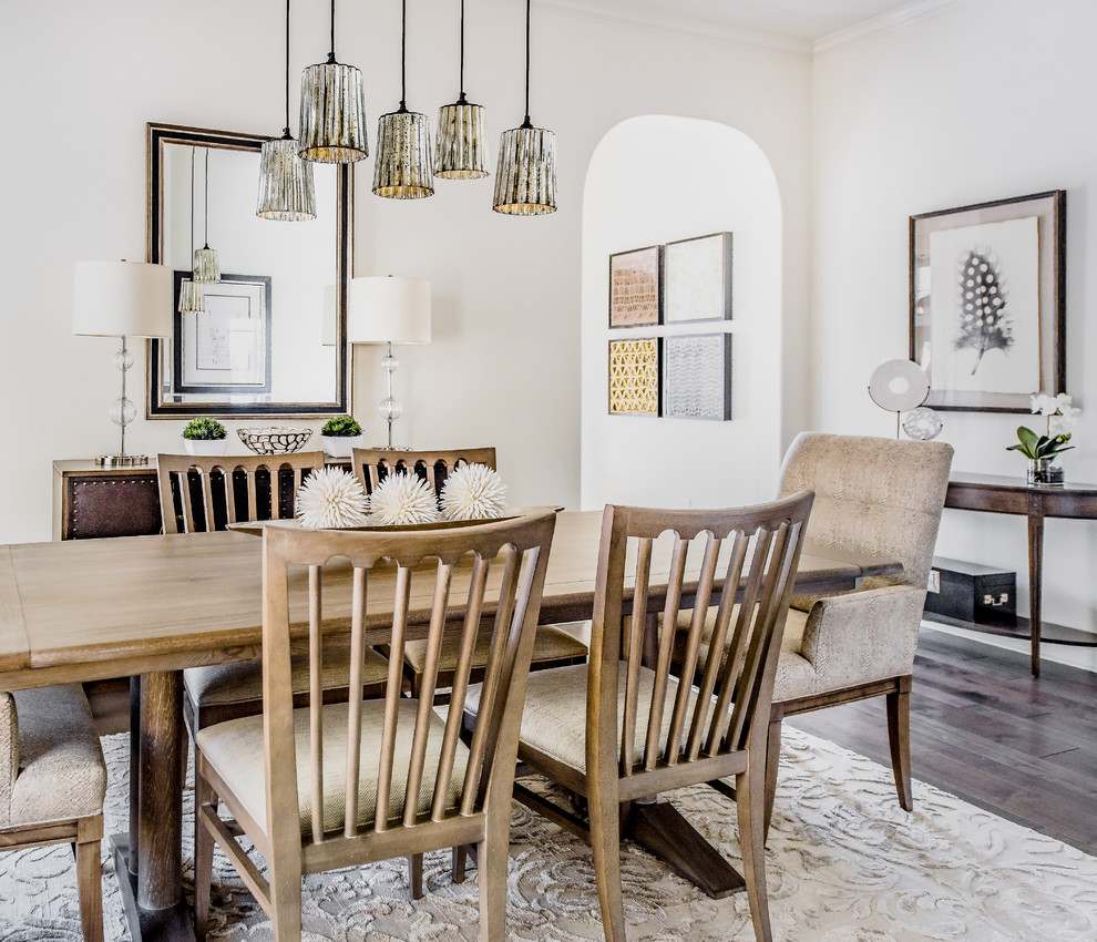 Inspiration for a mid-sized transitional dark wood floor kitchen/dining room combo remodel in Austin with white walls